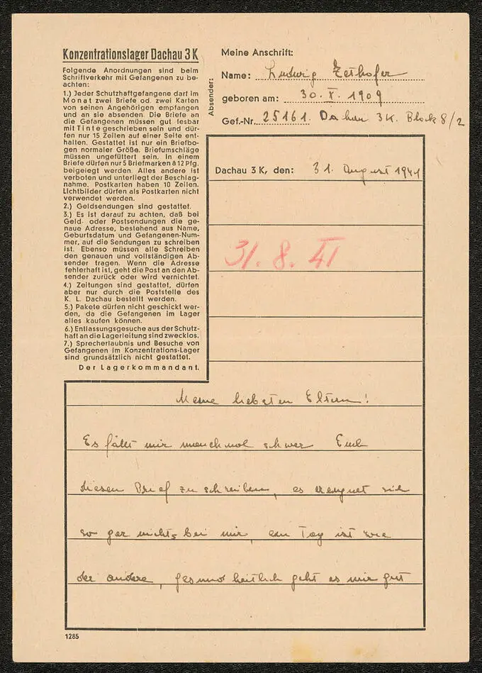 Bild på Brev från Ludwig i koncentrationslägret Dachau 3K 1941-08-31
