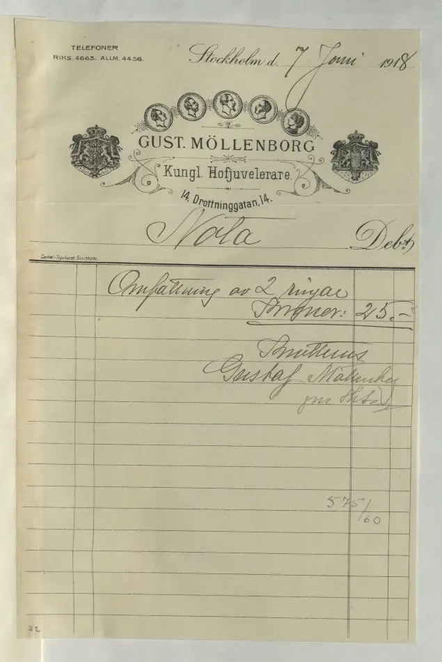 Bild på Kvitto från Gustaf Möllenborg, Juvelerare, 1918