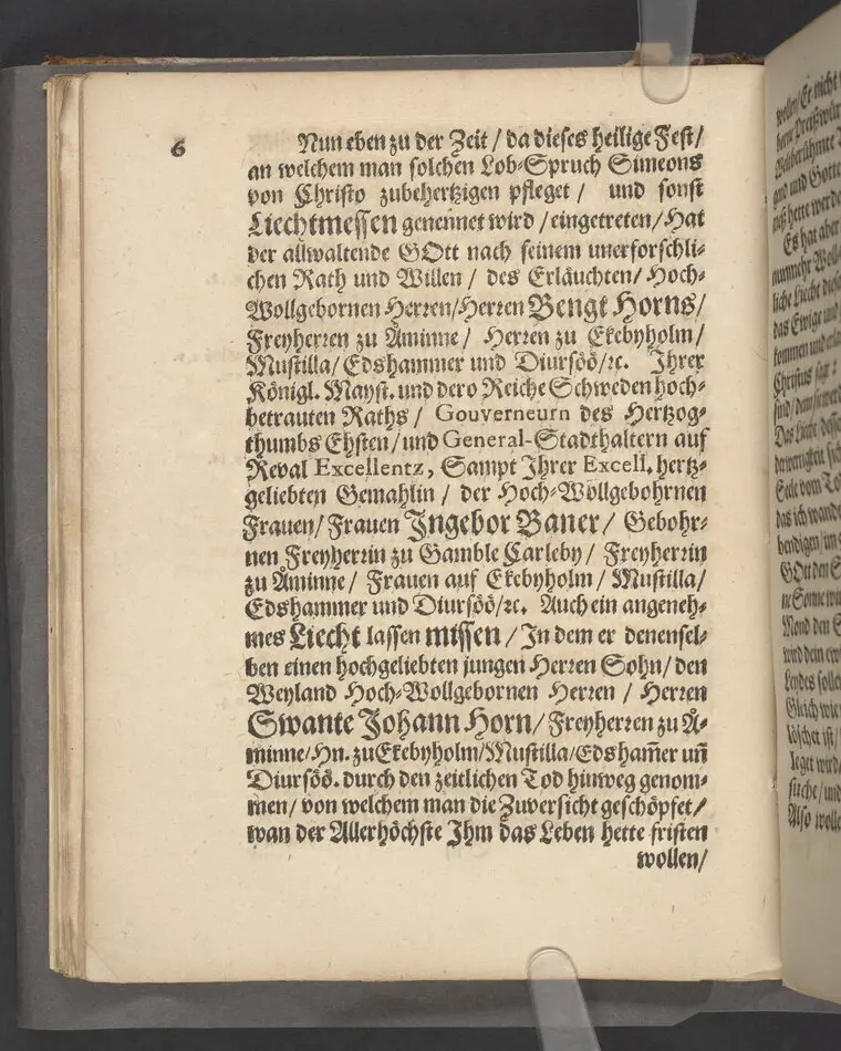 Die Kraft der heiligen Tauffe ... bey hochansehnlich-gehaltener Leichbegeignüß, des ... Herren Swante-Johan Horns, Frey-Herren zu Åminne ... ihrer Excellentz des ... Herren Bengt Horns, Frey-Herren zu Åminne ... Sohns, welcher den I. Februarii dieses 1671sten Jahres in Gott ... verschieden ... in einer Christl. Leichpredigt fürgestellet und erklehret durch Johannem Jacobum ...