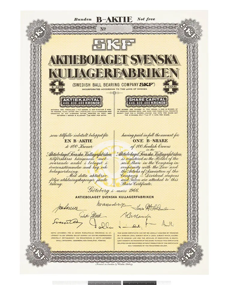 SKF Aktiebolaget Svenska Kullagerfabriken - En B-aktie a´100 Kronor