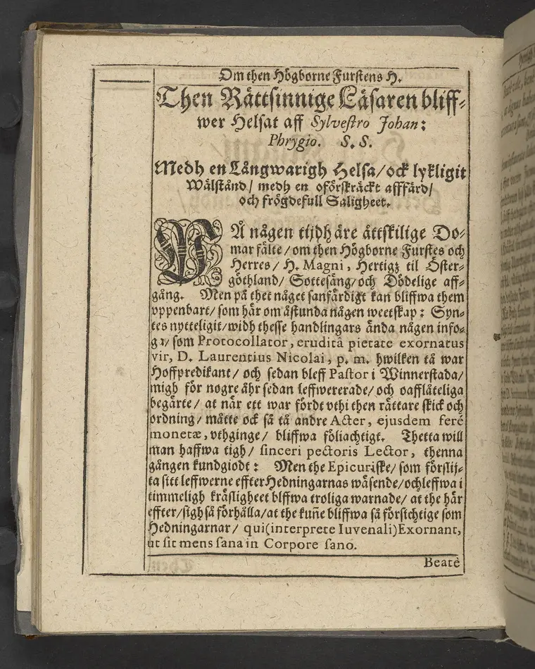 Agon regius, konglige Majesteetz till Swerige etc. H. Johans III... dödzkamp... Anteknat förste gången... på latiniskt språk... Dn. Jona Petri Nericio... Men nu... besmyckiat... medh Threnodia dramatica och... Drotningz Gunilæ epithaphijs... ich en... oration om... konungens... leffwerne... authore, Sylvestro Johan. Phrygio... Holmiæ A.C. 1620.