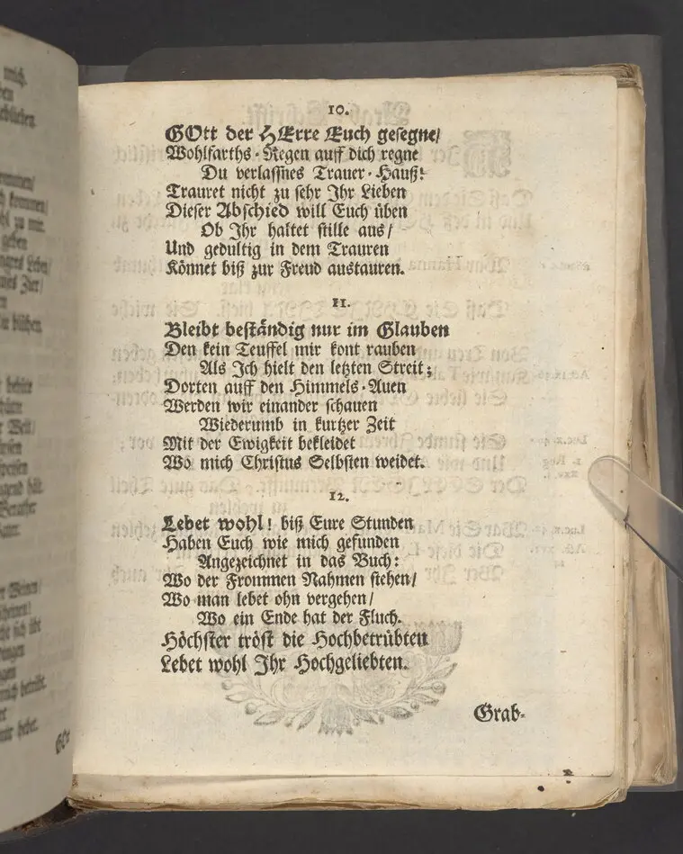 Abschieds-Seegen an das Trauer-Hauß/ gerichtet auf den Leich-Text Groß- Ehr - und tugend-begabten Frau/ Frauen Christina Groen gebohrnen Scharenbergin/ Weyland Hertzgeliebtesten Ehe-Frauen des Hoch-Ehren-Vesten / Groß-Achtbahren Herrn/ Herrn Werner Grön Vornehmen Kauff-Herrens in hiesiger Königl. Residence Stockholm, Als deroselben entseelter Cörper mit Hochansehnlicher Leich-Begängniß eingesencket ward; Aus schuligster Pflicht einfältig / doch wohlmeinend entworfen von Des Hochwerthen Hauses verpflichteten Diener G.W.S.