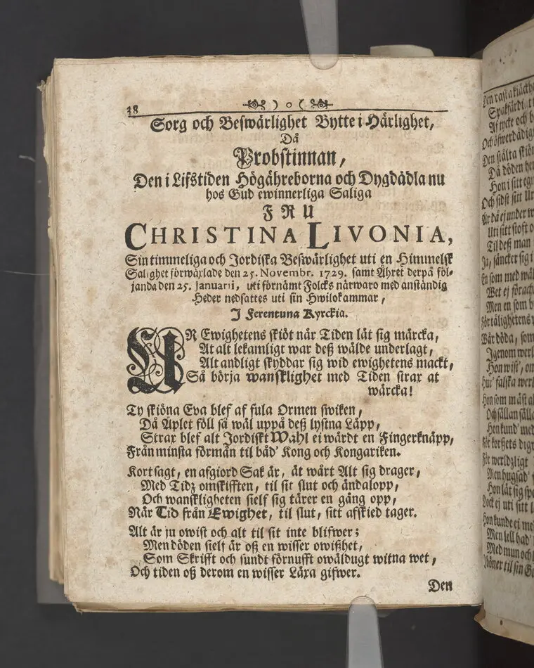 The sanne Christnas och Guds Barnas rätta Öfwerlåtenhet til at i rätta Trone på Gud och Kiärlek til Gud öfwerlembna sig Gudi. Föreställt uti en Christelig Lijk-Predikan öfwer then i Lifstiden Hög-Ehreborna, Gud, och Dygd-älskande Fruen Probstinnan Nu i Herranom Saliga Christina Livonia, Som efter en Christelig och berömlig förd Wandel Saligen afsomnade i Stockholm den 25. Novembr. Åhr 1729. Och I en hederwärd Församblings närwaru uti Ferentuna Kyrckia på Swartsiö-Landet begrofs den 25. Januarii Åhr 1730. Af Hermann Schröder. Pastor ad Cathar. Holm. Design. Episcop. Calmar. Stockholm, tryckt hos Benjamin Gottlieb Schneider.