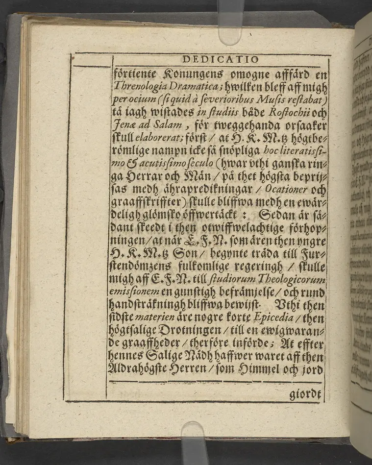 Agon regius, konglige Majesteetz till Swerige etc. H. Johans III... dödzkamp... Anteknat förste gången... på latiniskt språk... Dn. Jona Petri Nericio... Men nu... besmyckiat... medh Threnodia dramatica och... Drotningz Gunilæ epithaphijs... ich en... oration om... konungens... leffwerne... authore, Sylvestro Johan. Phrygio... Holmiæ A.C. 1620.