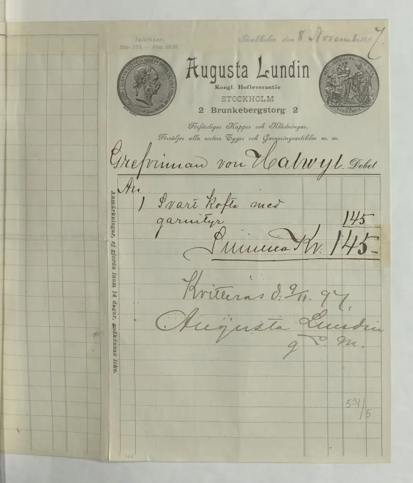 Bild på Kvitto från Augusta Lundin, 1897