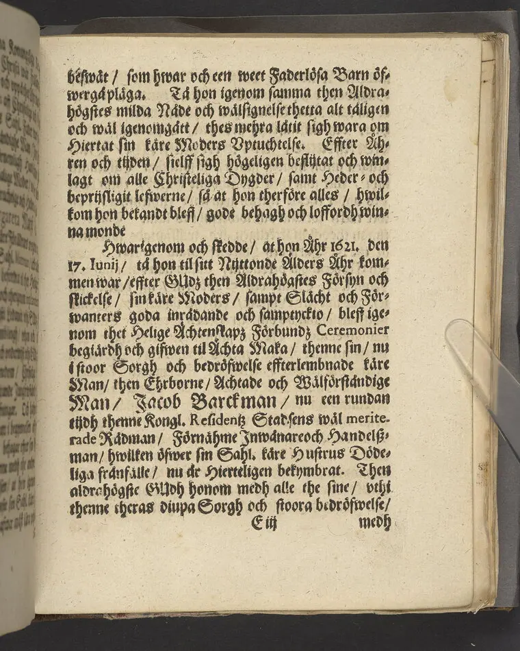 Bona fama, bonus odor ... Vthi een christeligh lijkpredikan vthöfwer ... rådmansens Hr Jacob Barckmans ... hustru ... H. Britta Jonsdotter ... förklarat aff Nicolao Rudbeckio ... Tryckt i Stockholm, aff Ignatio Meurer ... 1669.