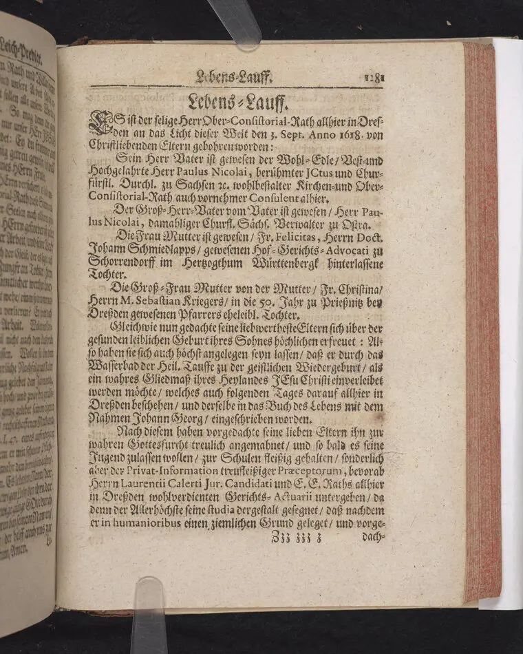 Frommer und getreuer Knechte Gottes seliger Todt/ sanffte Rast und herrlicher Lohn/ Bey Christlicher Leich-Bestatung Herr Johann Georg  Nicolai, weitberühmten Jcti, und Churfl. durchl. zu Sachsen ältesten Ober-consistorial- wie auch zu den Jülich- und Clevischen Successions-Sachen wohlbestellten Raths/ sel. am 25. Septemb. 1690. In der Kirchen zu St. Sophien aus Apoc. XIV, 13. erkläret.