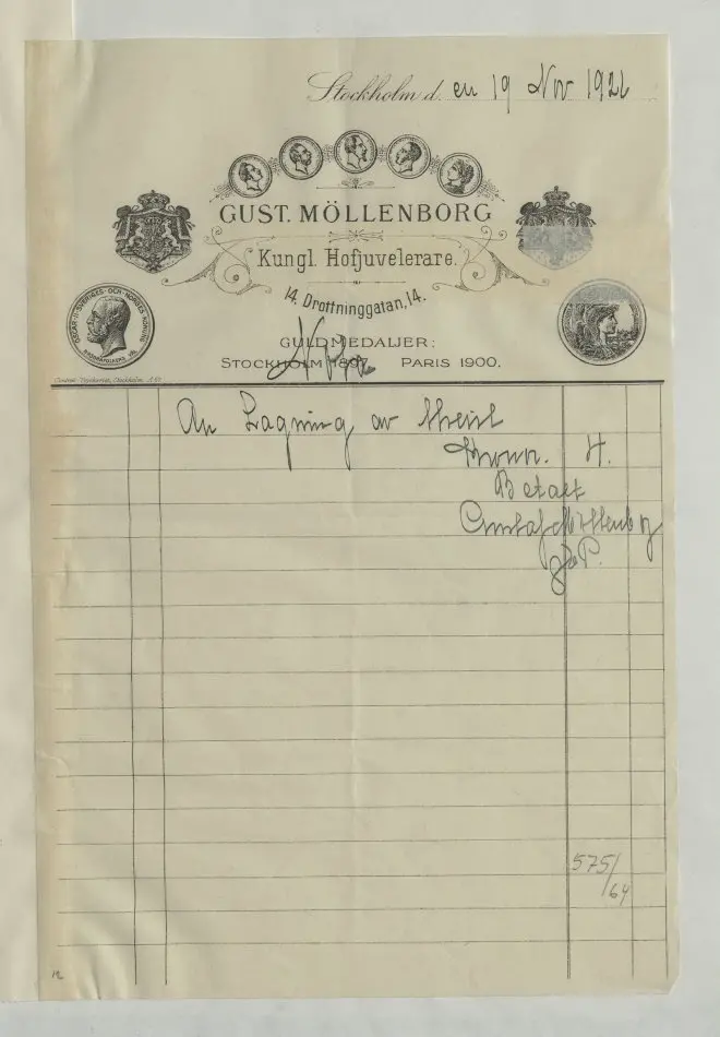 Bild på Kvitto från Gustaf Möllenborg, Juvelerare, 1926