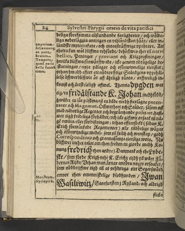 Agon regius, konglige Majesteetz till Swerige etc. H. Johans III... dödzkamp... Anteknat förste gången... på latiniskt språk... Dn. Jona Petri Nericio... Men nu... besmyckiat... medh Threnodia dramatica och... Drotningz Gunilæ epithaphijs... ich en... oration om... konungens... leffwerne... authore, Sylvestro Johan. Phrygio... Holmiæ A.C. 1620.
